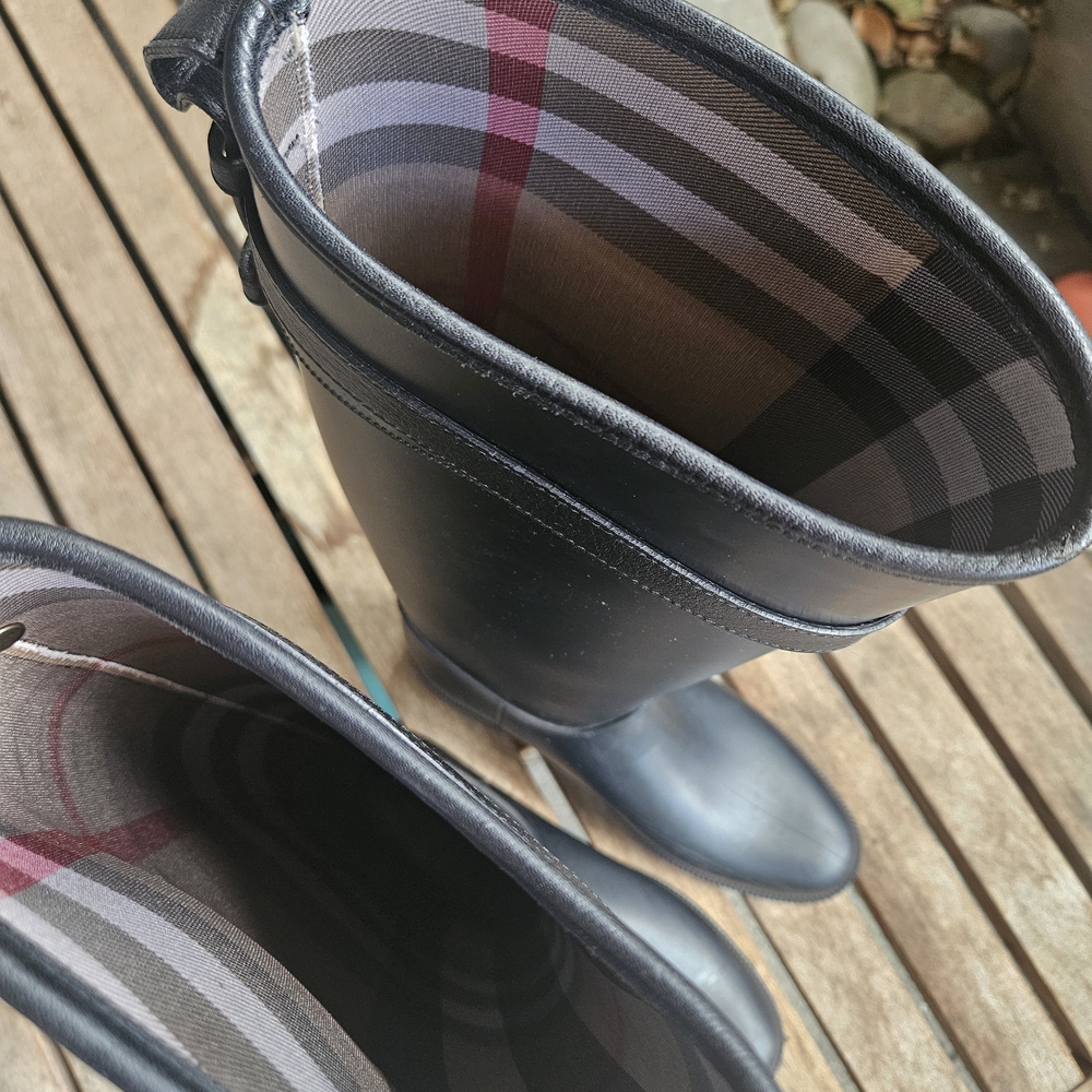 Burberry Black Rain Boots with Plaid Lining